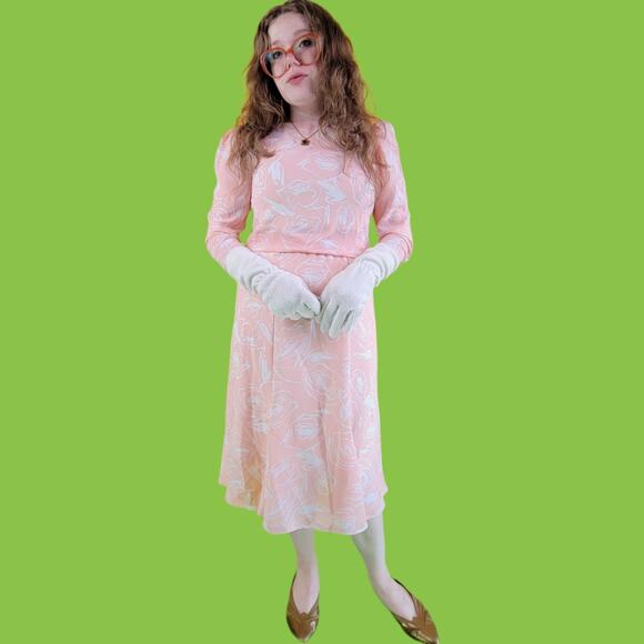 Vintage 80s Pastel Pink Alison Peters Abstract Floral Sheer Midi Dress, 10 - Picture 1 of 10